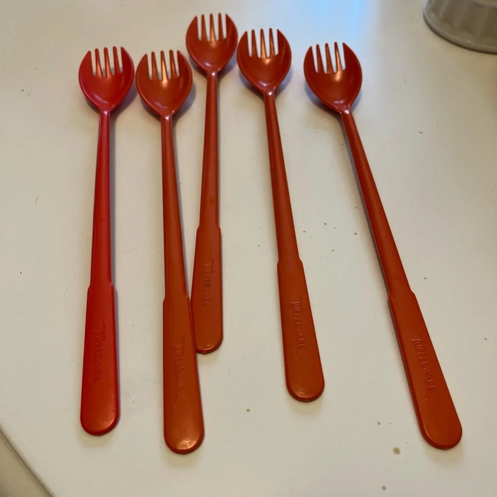 VINTAGE TUPPERWARE 1960 LOT OF 5 FORK O SPOON SPORKS ICED TEA‎ STIRS 8” ORANGE